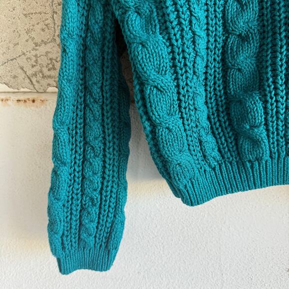 Vtg 80s Sweater Chunky Cable Knit Teal Crew Pullover Womens L Chaus Sport Preppy - Picture 4 of 9
